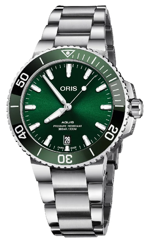 luxury watches for women with classic design and premium materials-Oris Aquis Date Automatic Stainless Steel Green Dial Divers Mens Watch 733 7732 4157-07 8 21 05PEB