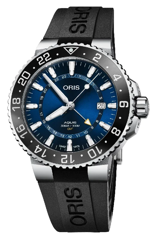 waterproof luxury watches with high-performance features-Oris Aquis GMT Date Automatic Stainless Steel Blue Dial Black Rubber Strap Divers Mens Watch 798 7754 4135-07 4 24 64EB