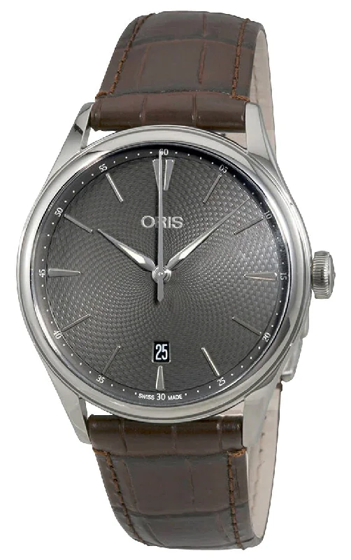 smartwatches for men with heart rate and sleep tracking features-Oris Artelier Date Automatic Stainless Steel Gray Dial Brown Leather Strap Mens Watch 733 7721 4053-07 5 21 65FC