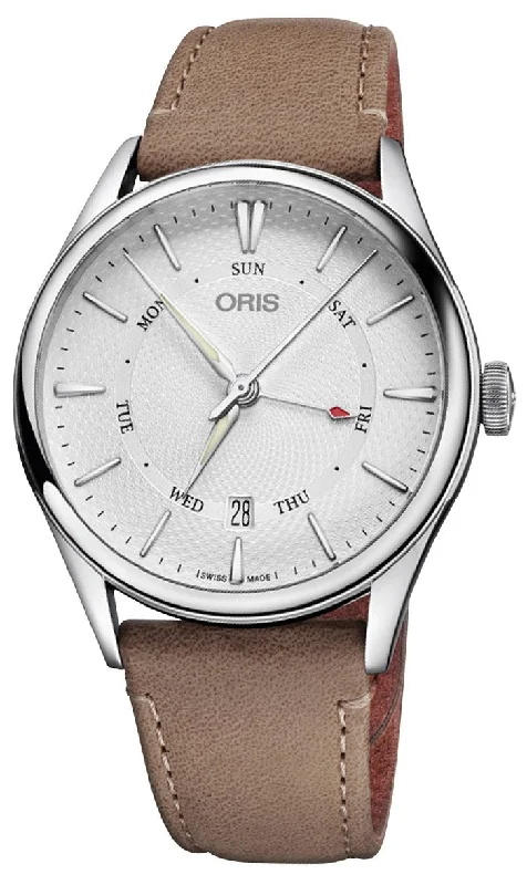 sport watches with GPS tracking and activity monitoring-Oris Artelier Pointer Day Date Automatic Stainless Steel Silver Dial Brown Leather Strap Mens Watch 755 7742 4051-07 5 21 32FC