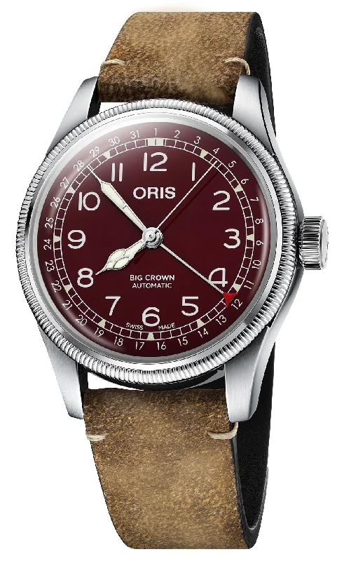 waterproof fitness watches for outdoor sports and adventures-Oris Big Crown Pointer Date Automatic Stainless Steel Burgundy Dial Brown Leather Strap Mens Watch 754 7741 4068-07 5 20 50