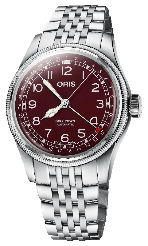 smartwatches with weather apps for adventurers and outdoor lovers-Oris Big Crown Pointer Date Automatic Stainless Steel Burgundy Red Dial Mens Watch 754 7741 4068-07 8 20 22