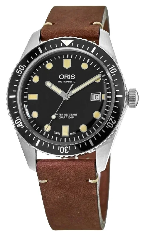 stylish women’s watches with bold faces and unique designs-Oris Divers Sixty-Five Automatic Stainless Steel Black Dial Brown Leather Strap Date Mens Watch 733 7720 4054-07 5 21 45