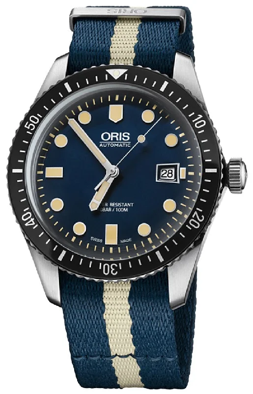 hybrid smartwatches with long-lasting battery and health tracking-Oris Divers Sixty-Five Automatic Stainless Steel Blue Dial Blue/Beige Textile Strap Date Mens Watch 733 7720 4055-07 5 21 29FC