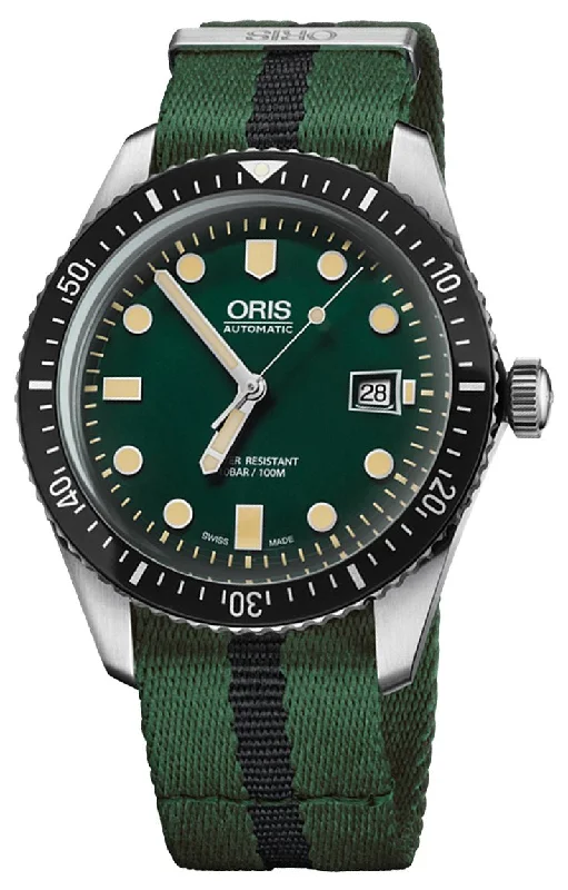 best diving watches for underwater exploration and water sports-Oris Divers Sixty-Five Automatic Stainless Steel Green Dial Green/Black Textile Strap Date Mens Watch 733 7720 4057-07 5 21 25FC