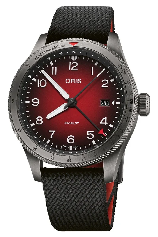 smartwatches for women with voice assistant and fitness tracking-Oris ProPilot GMT Automatic Gray PVD Red Dial Black Textile Strap Date Mens Watch 798 7773 4268-07 3 20 14GLC