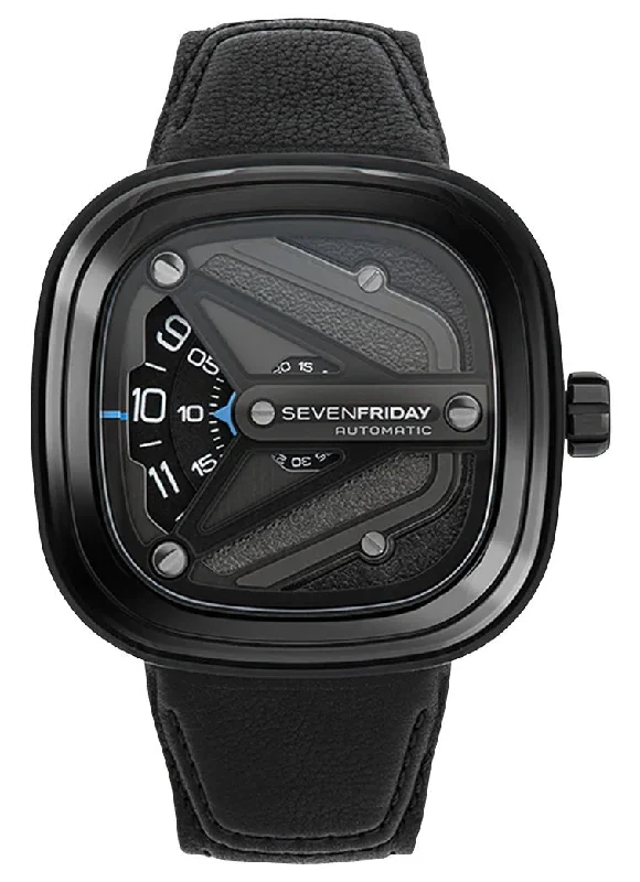 women’s luxury watches with diamond and gold detailing-SEVENFRIDAY M-Series Spaceship Automatic Black PVD Steel Black Dial Black Leather Strap Mens Watch M3/07