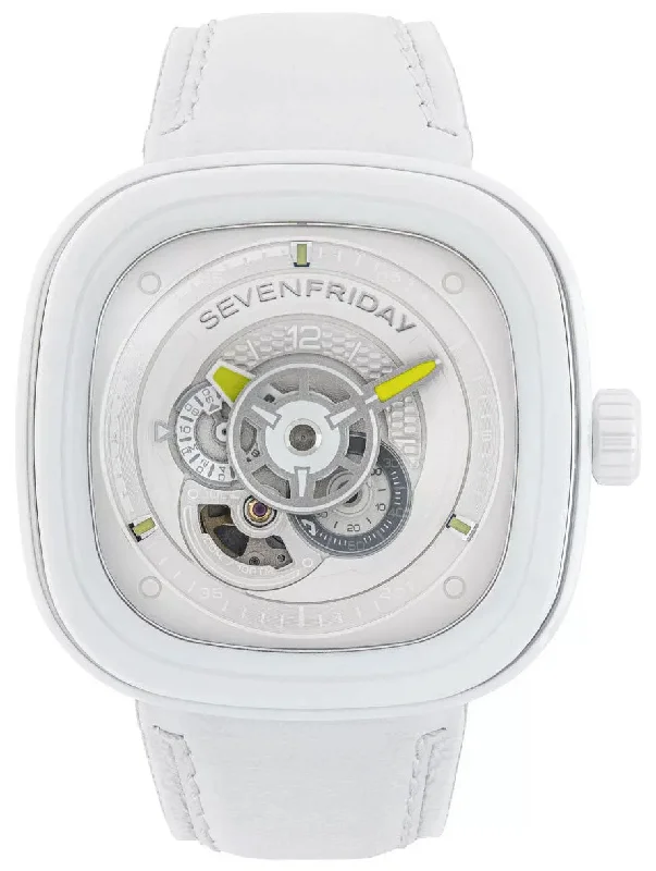 hybrid fitness trackers with classic design and activity tracking-SEVENFRIDAY P-Series Caipi Automatic White Ceramic White Leather Strap Mens Watch P1C/04