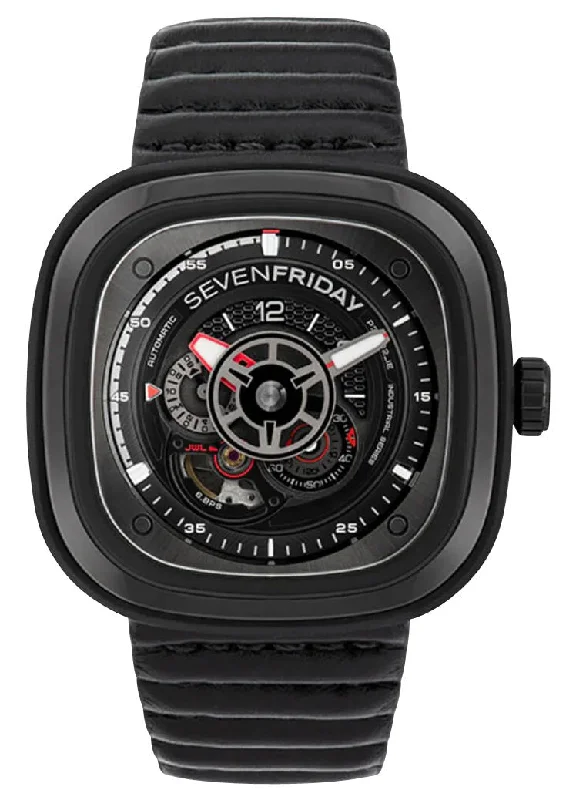 fitness watches for men with heart rate monitoring and sleep tracking-SEVENFRIDAY P-Series Racer III Automatic Black PVD Black Dial Black Leather Strap Mens Watch P3C/06