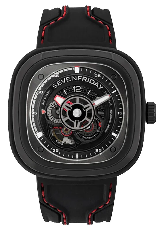 watches with large dials and date function for convenience-SEVENFRIDAY P-Series Racer III Automatic Black PVD Black Dial Black Silicone Strap Mens Watch P3C/02