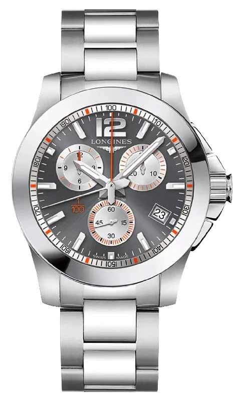 men’s watches with multi-functional features and stylish design-Special Edition Longines Conquest 1/100th Roland Garros Chronograph Stainless Steel Gray Dial Date Divers Quartz Mens Watch L3.700.4.79.6