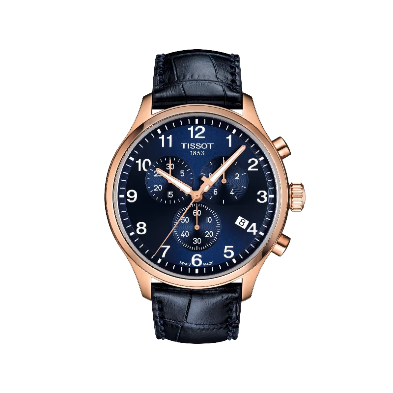 hybrid fitness watches with long battery life for active users-Tissot Chrono XL Classic - Blue and Rose Gold PVD with Leather Strap