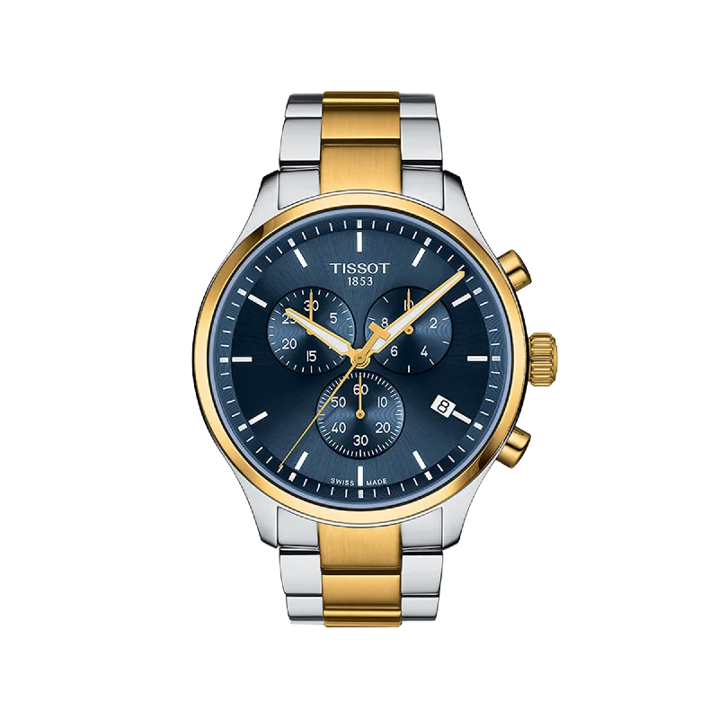 best luxury watches for women with premium leather straps-Tissot Chrono XL Classic - Blue with Yellow Gold PVD Bracelet