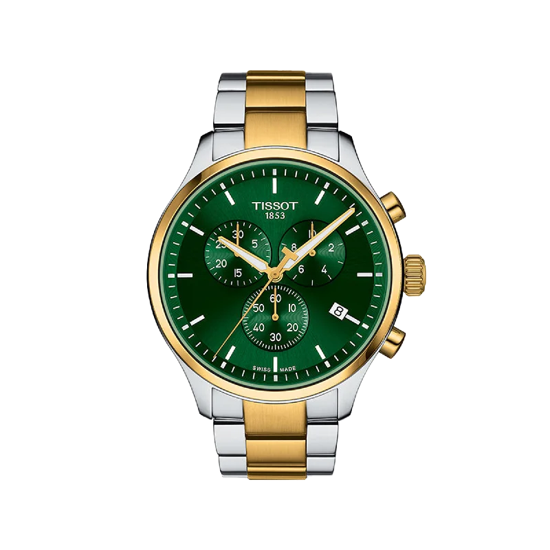 solar-powered outdoor watches with durability and long battery life-Tissot Chrono XL Classic - Green with Yellow Gold PVD Bracelet