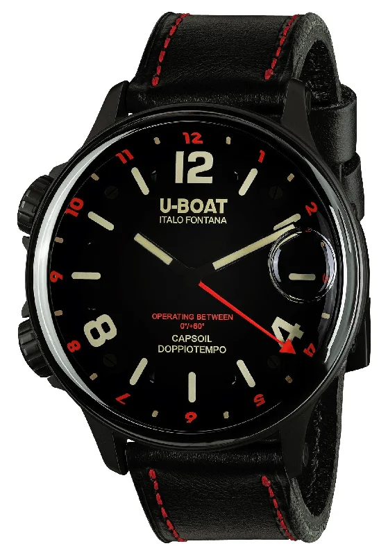 waterproof watches for men with integrated diving features-U-Boat Capsoil Doppiotempo Black DLC Steel Black Dial Black Leather Interchangeable Black Rubber Quartz Mens Watch 9673