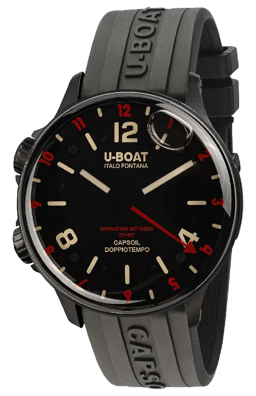 waterproof smartwatches for athletes and water sports enthusiasts-U-Boat Capsoil Doppiotempo Black DLC Steel Black Dial Black Rubber Strap Swiss Electro-mechanical Mens Watch 8841