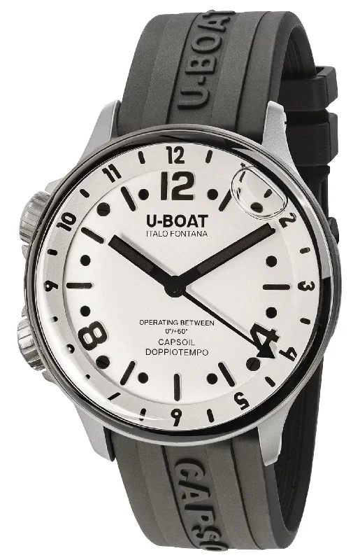 watches with large face for easy-to-read time display-U-Boat Capsoil Doppiotempo Stainless Steel White Dial Black Rubber Strap Swiss Electro-mechanical Mens Watch 8888