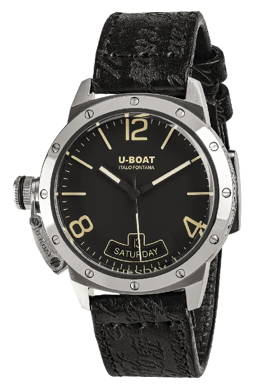 waterproof hybrid watches for outdoor activities and fitness-U-Boat Classico Vintage Automatic Stainless Steel Black Dial Black Leather Strap Day/Date Mens Watch 8890