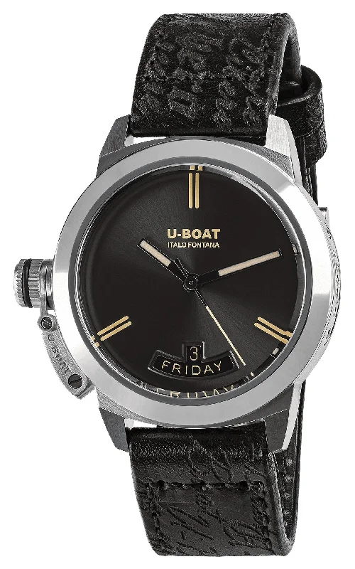 watches for men with leather straps and chronograph functions-U-Boat Classico Vintage Automatic Stainless Steel Gray Dial Black Leather Strap Day/Date Mens Watch 8891