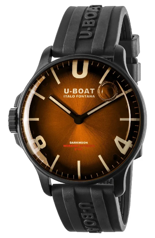 solar-powered watches with eco-friendly materials and designs-U-Boat Darkmoon Black PVD Brown Dial Black Rubber Strap Quartz Mens Watch 8699