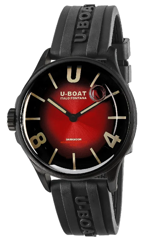 sports watches with step tracking and calorie count for fitness-U-Boat Darkmoon Black PVD Red Dial Black Rubber Strap Quartz Mens Watch 9501