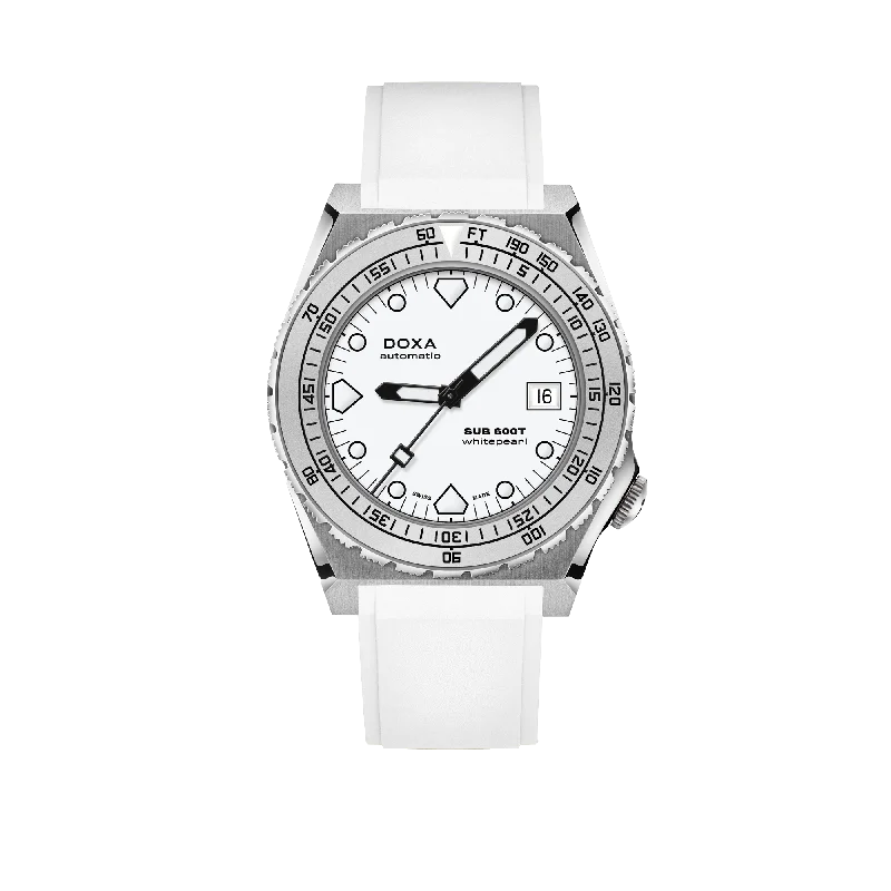 luxury watches for men with intricate dials and mechanical movements-DOXA SUB 600T Whitepearl, stainless steel bezel, rubber strap